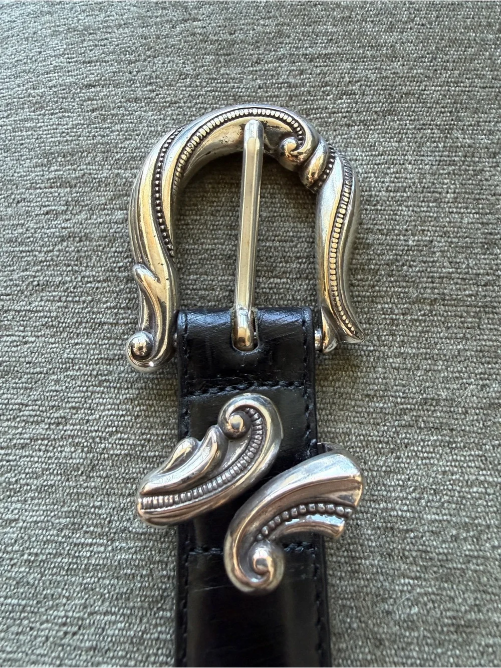 Coldwater Creek Women's Embossed Black Leather Belt with Ornate Silver Buckle 2X